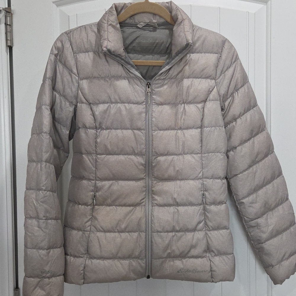 Eddie Bauer EB650 Womens Down, Zip Up Tan/Gray LS Puffer Jacket - Size S